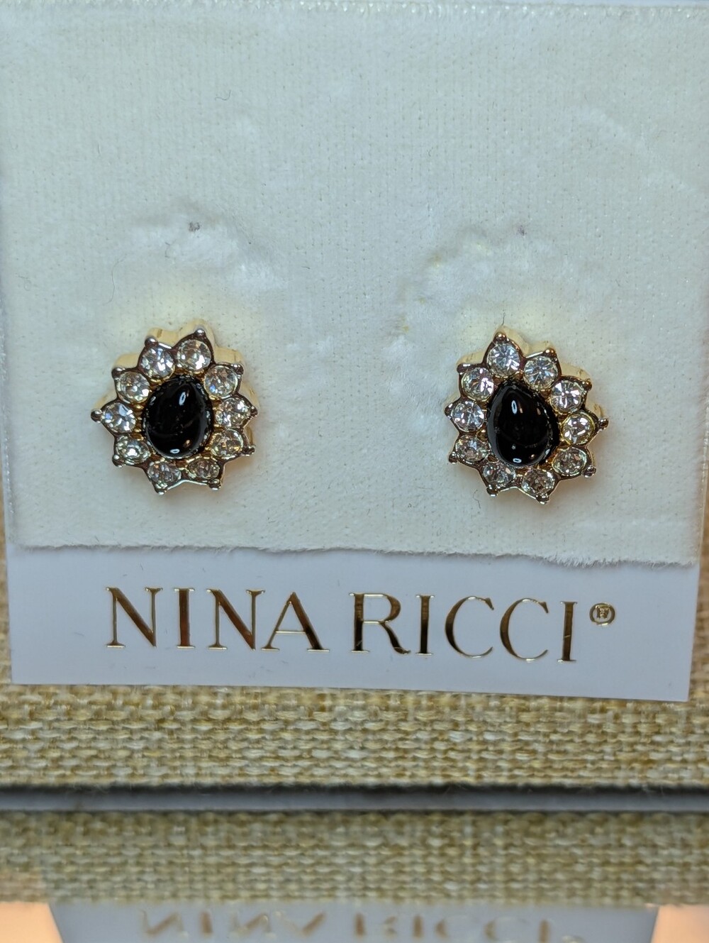 Nina Ricci Gold-Tone Stud Earrings with Black Cabochon Swavorski Crystals New